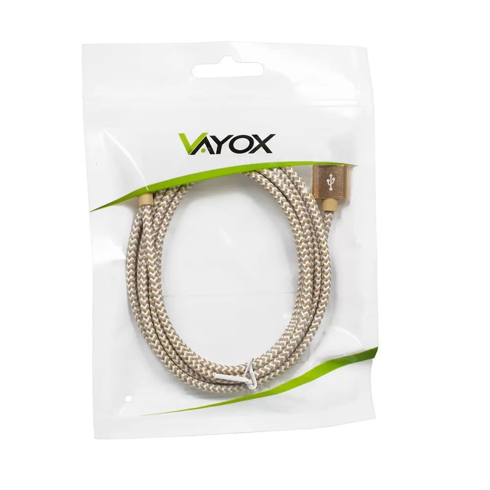 Kabel ładujący Vayox w kolorze beżowym, w białym opakowaniu ze złączem USB.