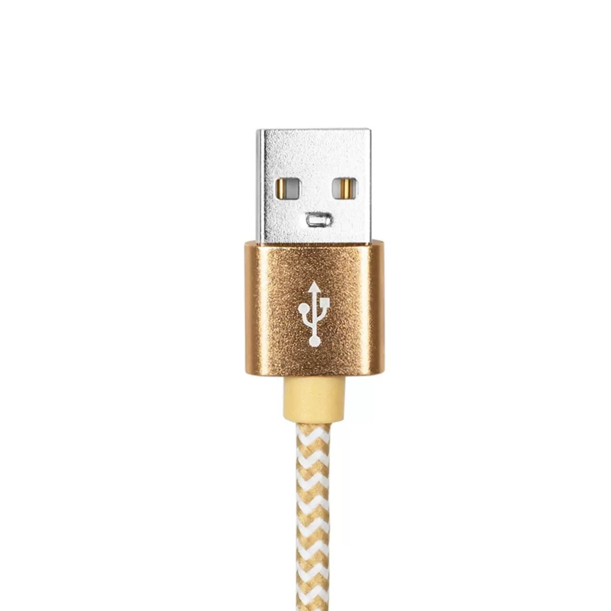 Złoty kabel USB ze stylizowanym symbolem USB i wzorem zygzakowatym.