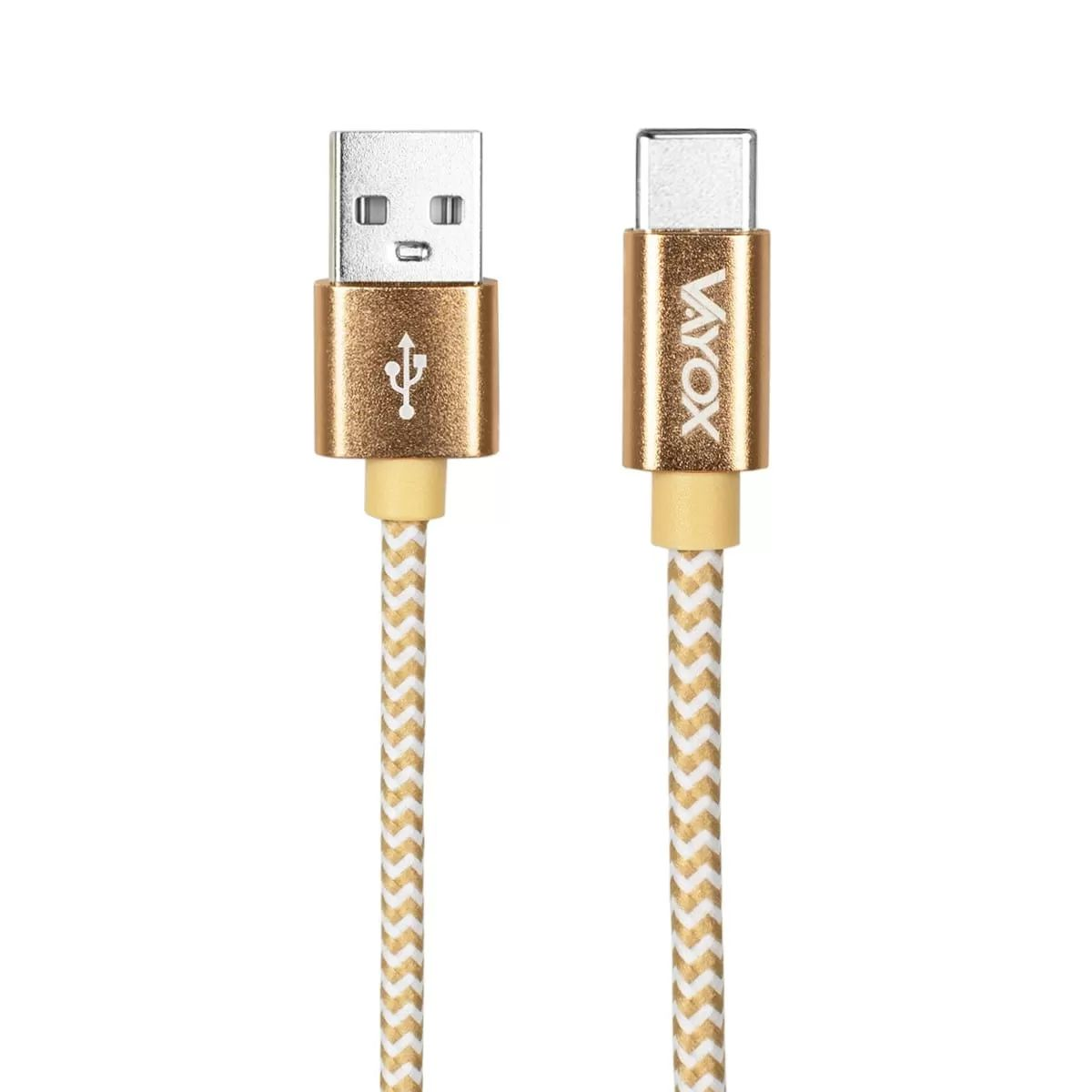 Złoty kabel USB-A do USB-C z plecionym wzorem białym i złotym.
