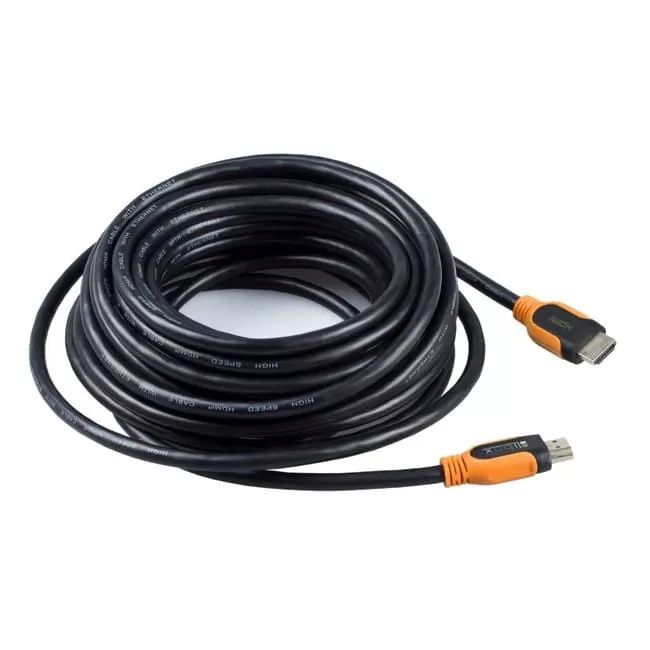 Czarny kabel HDMI zwinięty, z pomarańczowymi złączami na białym tle.