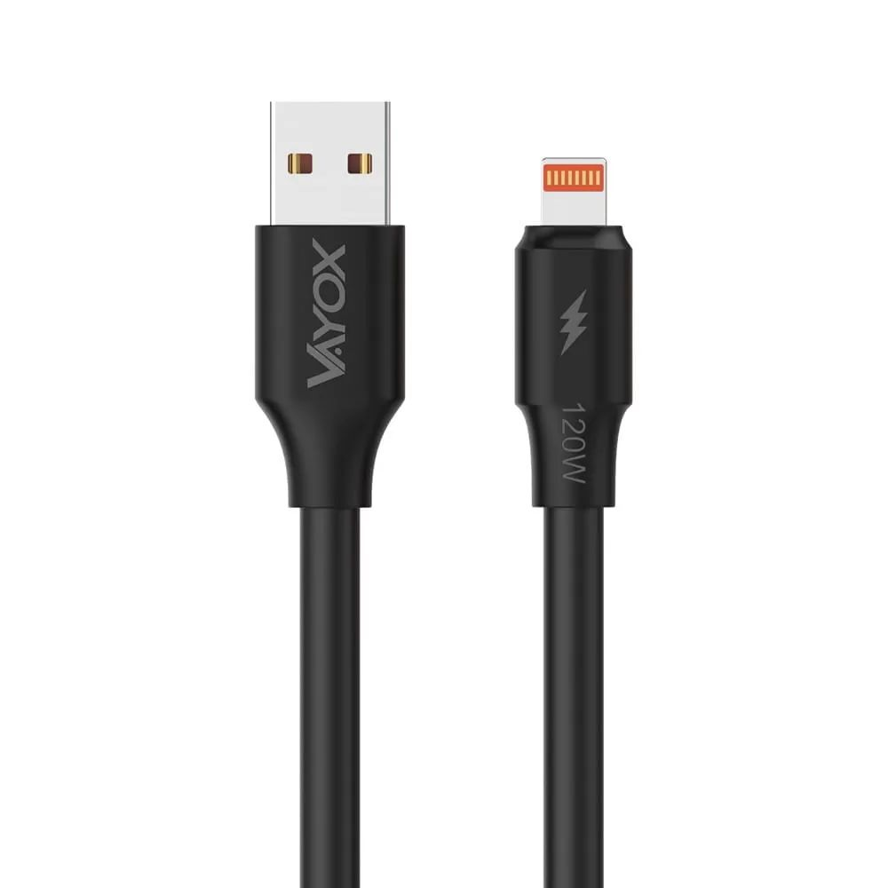 Schwarzes USB-C und Lightning Ladekabel mit 120W Beschriftung.