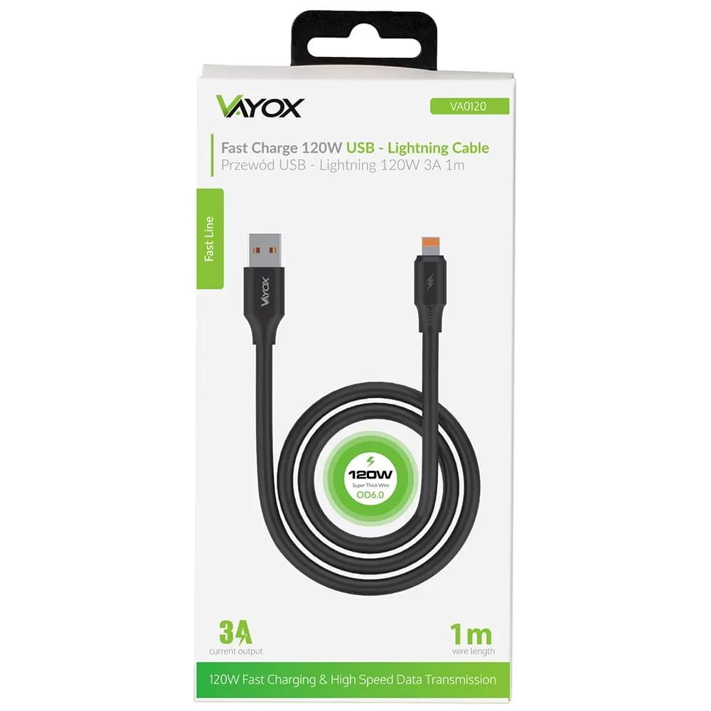 Verpackung eines schwarzen Vayox USB-Lightning-Kabels, 120W, 3A, 1m.