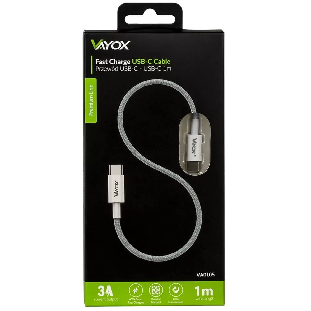 Graues Vayox USB-C Ladekabel mit Stecker-Detail auf schwarzer Verpackung.
