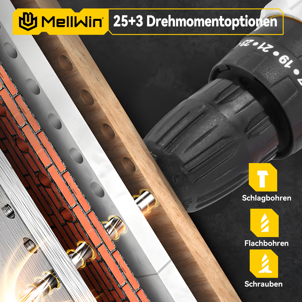 Bohrer bohrt in Holz-, Mauerwerk- und Metallschichten. 25+3 Drehmomentoptionen.