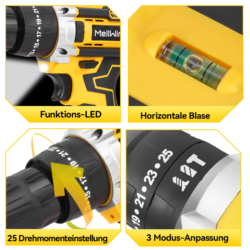 Vier Detailaufnahmen eines gelben und schwarzen Bohrers: LED, Wasserwaage, Drehmoment und Modus.