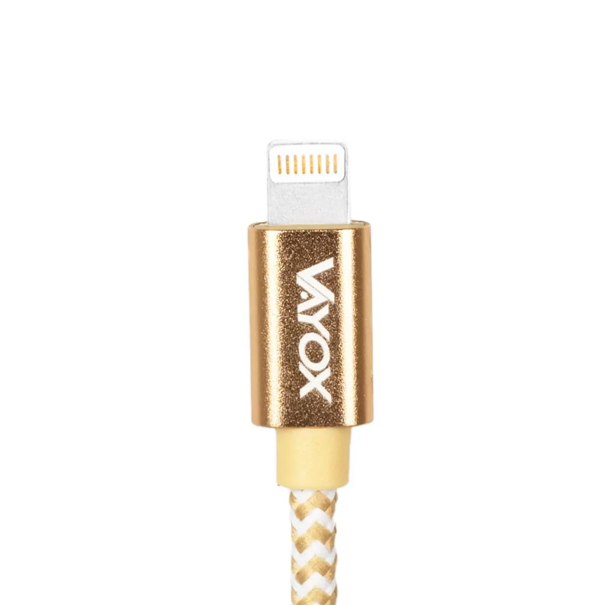 Złote złącze ładowania z logo "VOX" i białym kablem ze złotym wzorem.