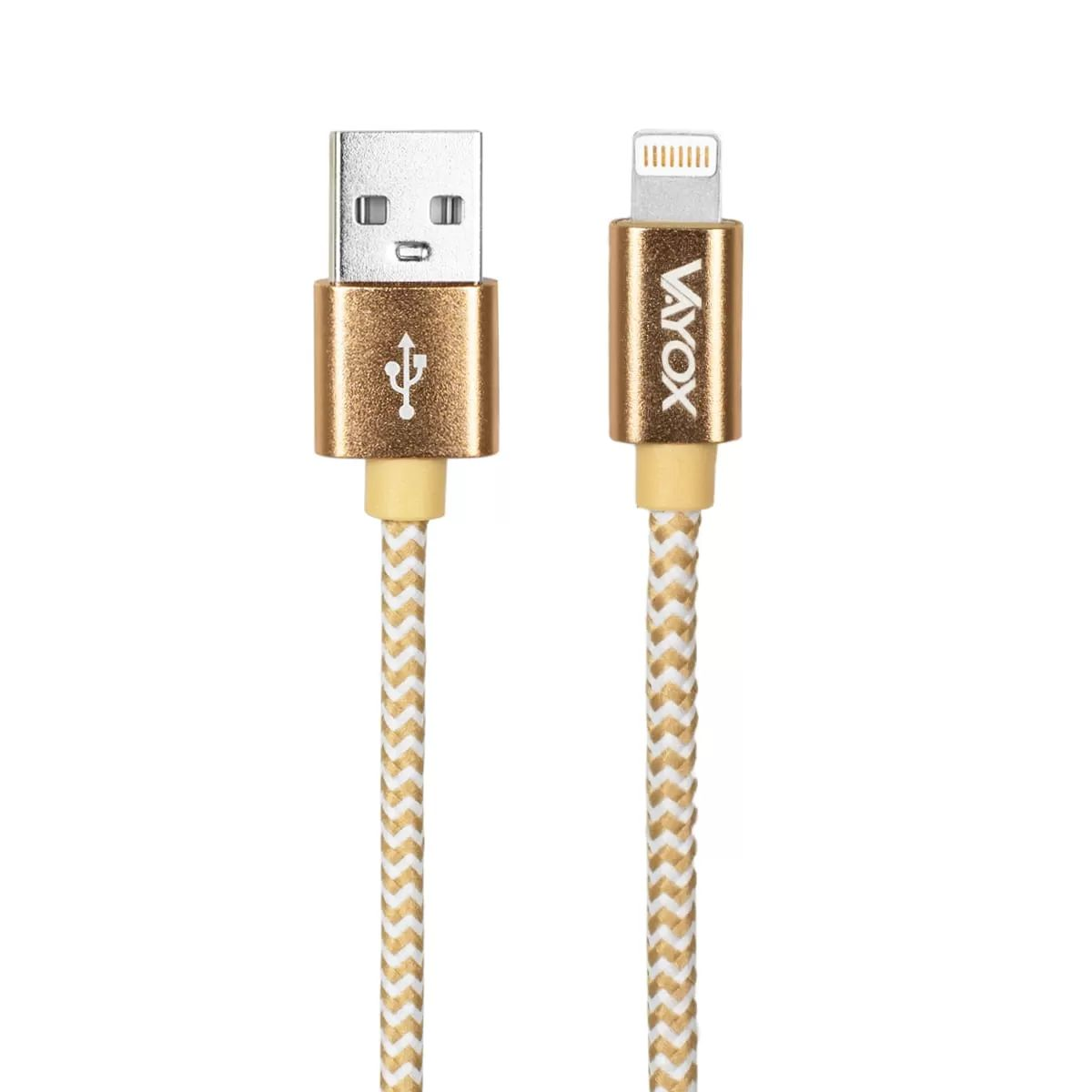 Złoty kabel ładujący USB-A i Lightning z plecionym sznurkiem.