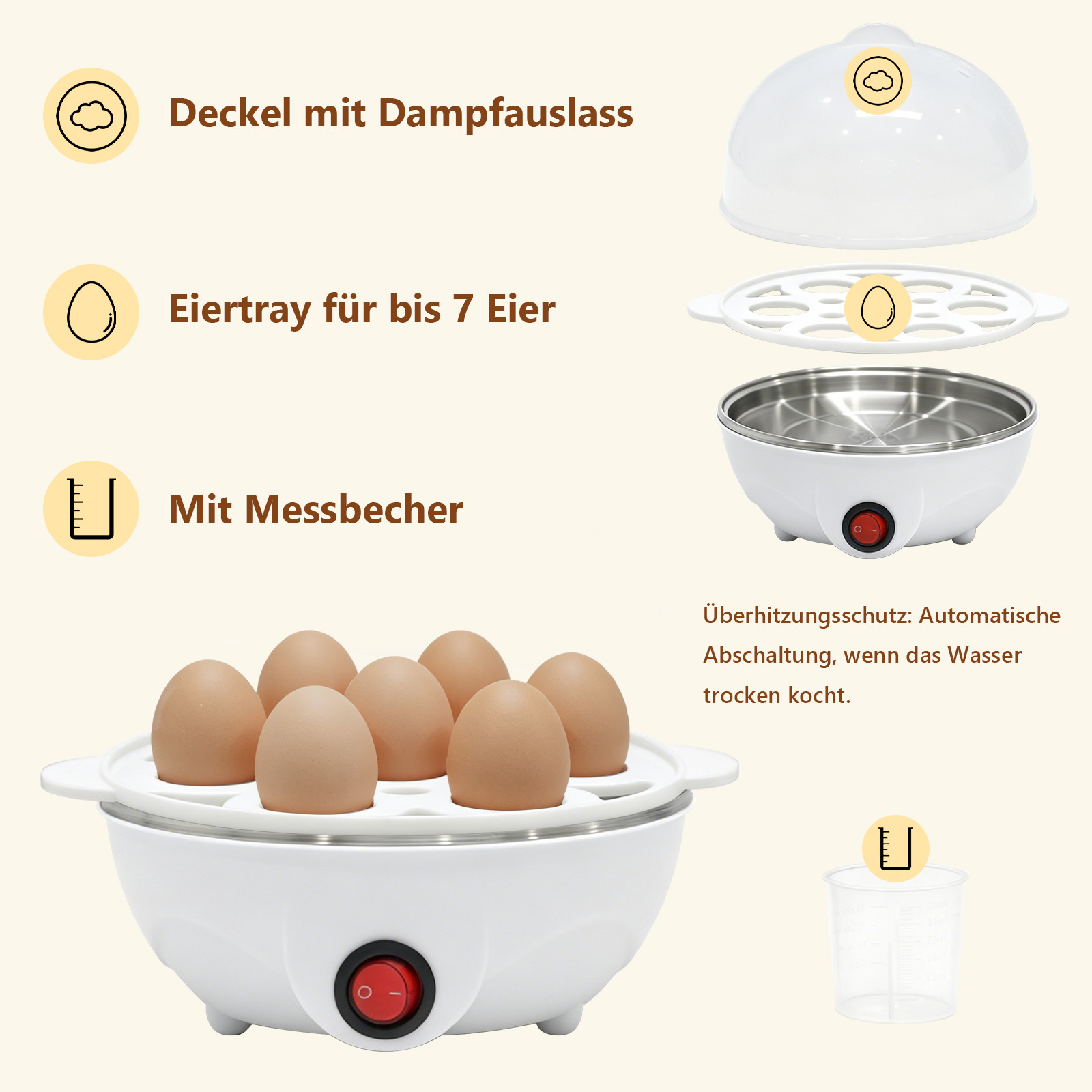 Ein weißer Eierkocher mit 6 braunen Eiern, Deckel, Eierträger und Messbecher.
