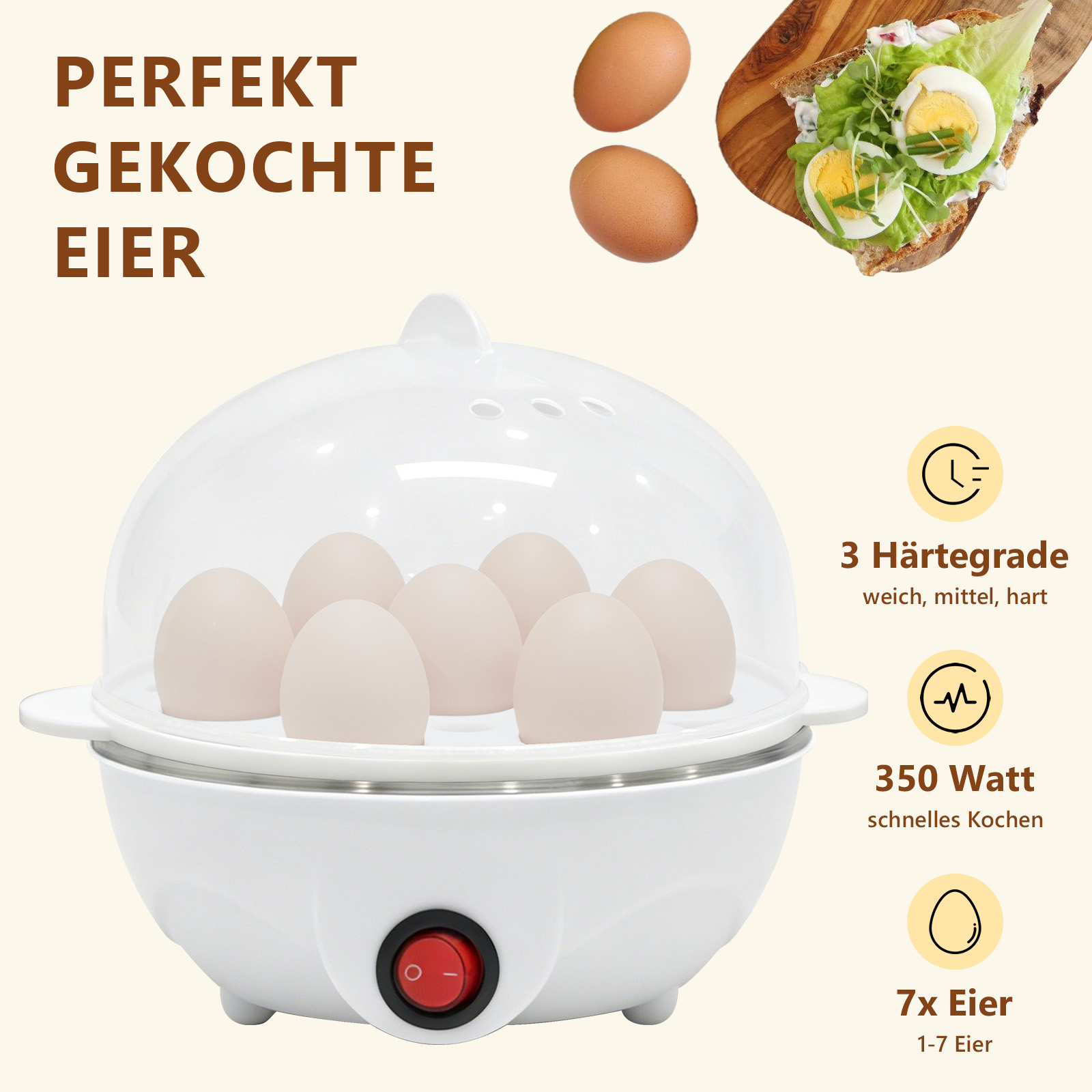 Ein weißer Eierkocher mit mehreren Eiern, Text über Kochgrade und Leistung.