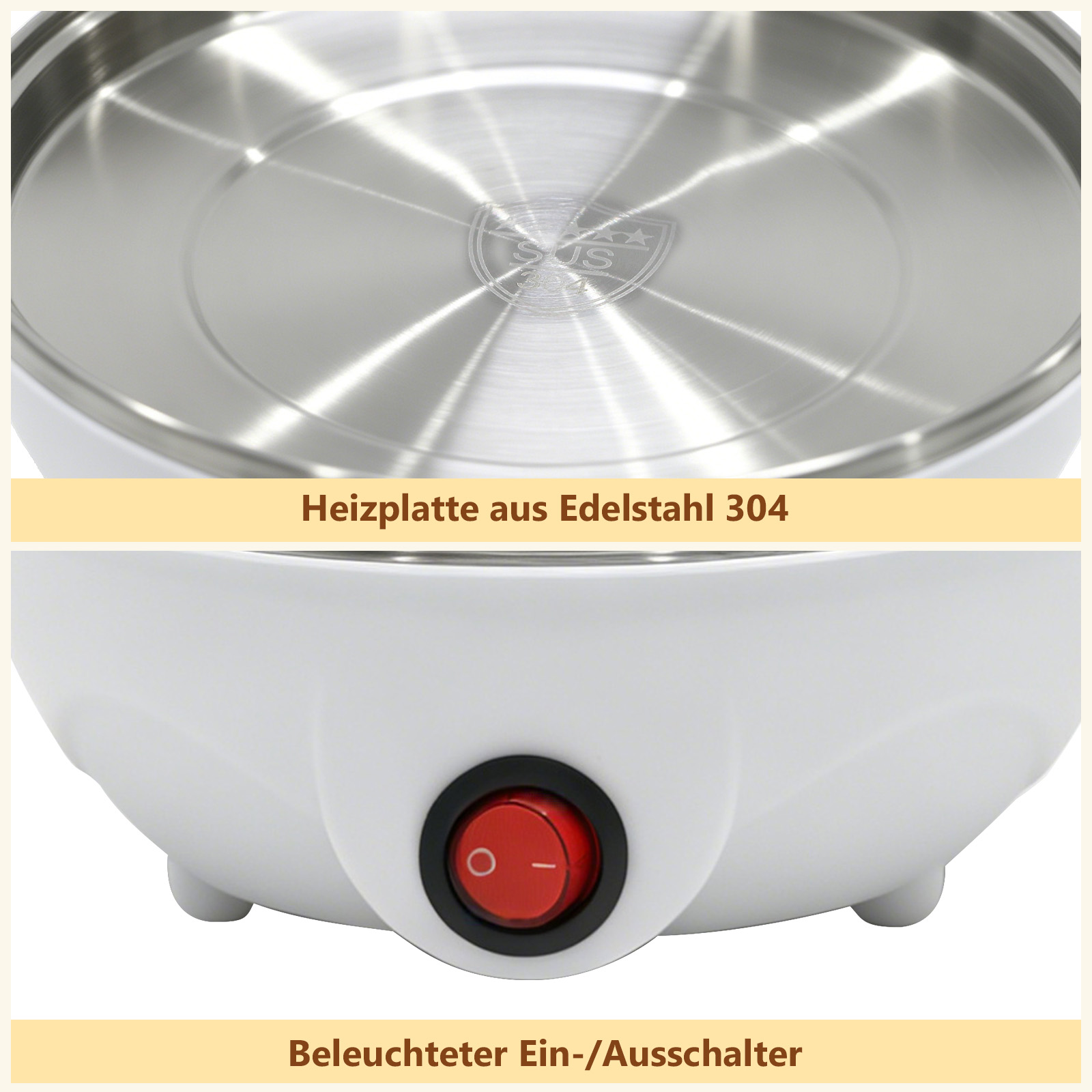Oberansicht einer Heizplatte aus Edelstahl mit SUS 304 Logo. Unteransicht zeigt ein weißes Gerät mit rotem beleuchtetem Netzschalter.
