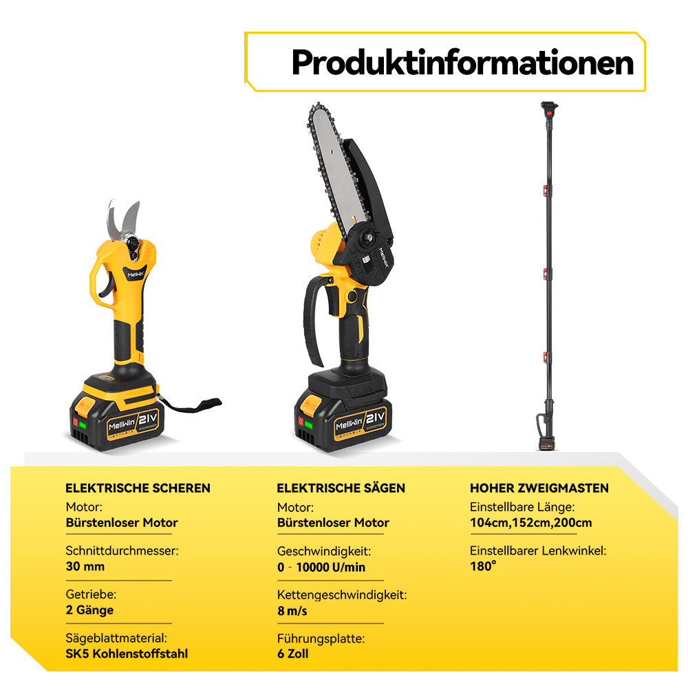 Produktinformationen: Elektrische Schere, Kettensäge und Hochentaster im Set.