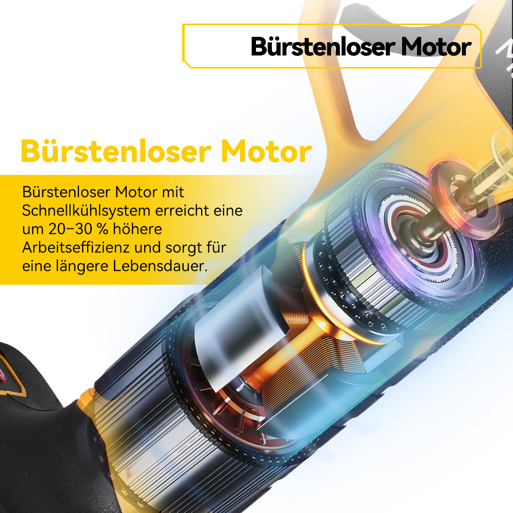 Detailaufnahme eines bürstenlosen Motors mit gelben Akzenten und Text.