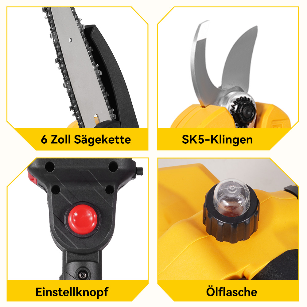 Vier Detailaufnahmen eines Werkzeugs: Sägekette, Klingen, Knopf und Öltank.