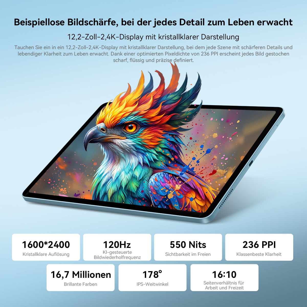 Ein Tablet zeigt einen bunten Vogel-KI-Kunst auf seinem Bildschirm. Spezifikationen sind aufgelistet.