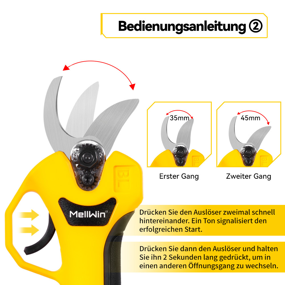 Gebrauchsanleitung für eine gelbe Gartenschere mit zwei Schneidmodi.