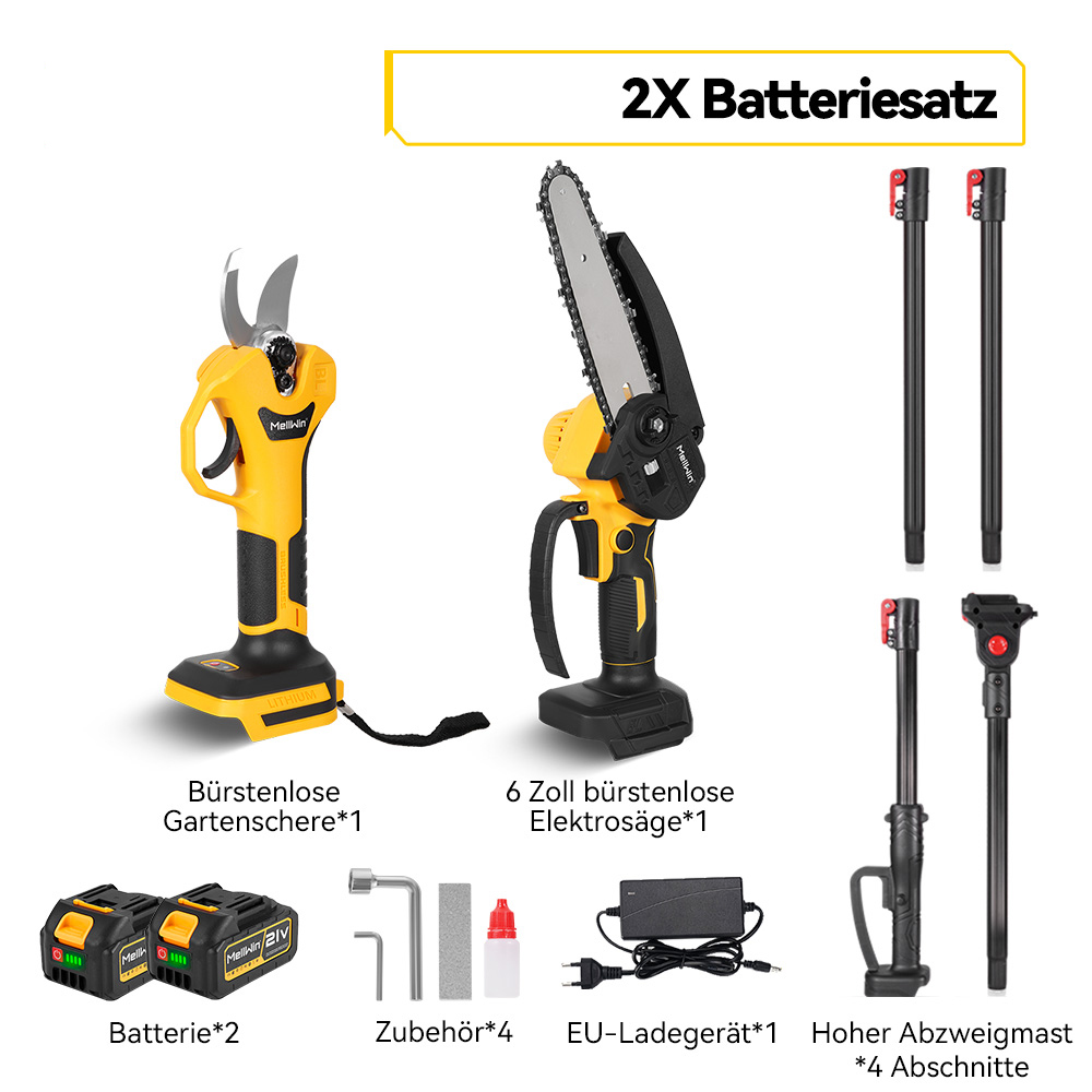 Gartengeräte-Set: gelbe Gartenschere, Kettensäge, Batterien, Ladegerät und Zubehör.