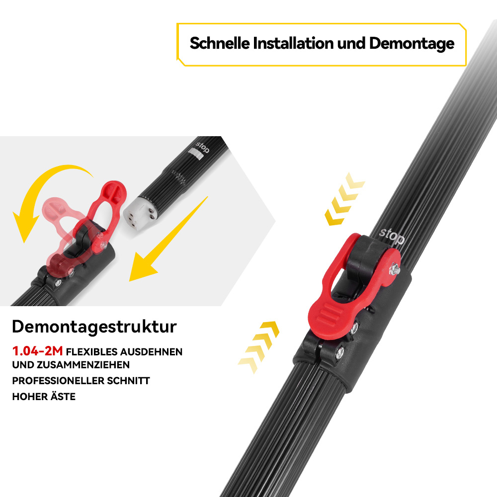 Detailansicht eines Teleskopstangen-Verschlussmechanismus mit rotem Hebel.