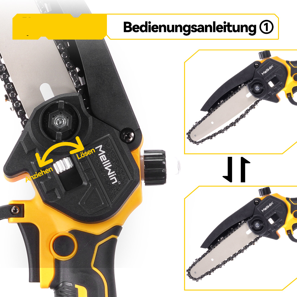 Nahaufnahme einer gelben und schwarzen Kettensäge mit Anweisungen zum Festziehen und Lösen.