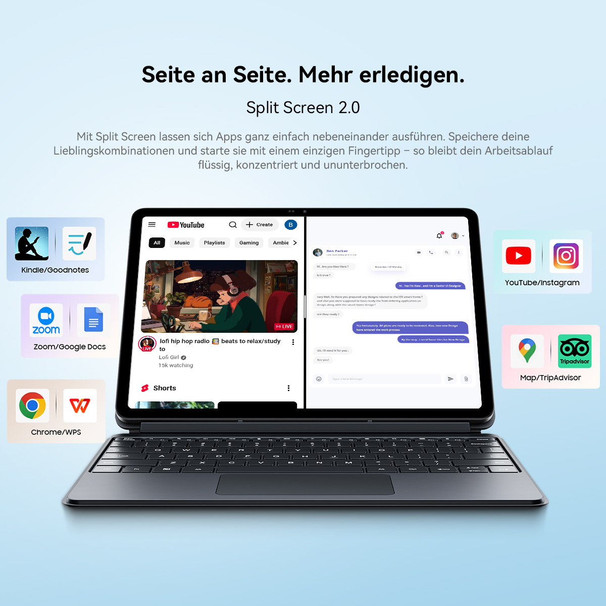 Tablet mit geteiltem Bildschirm zeigt YouTube und Chat-App, mit App-Symbolen daneben.