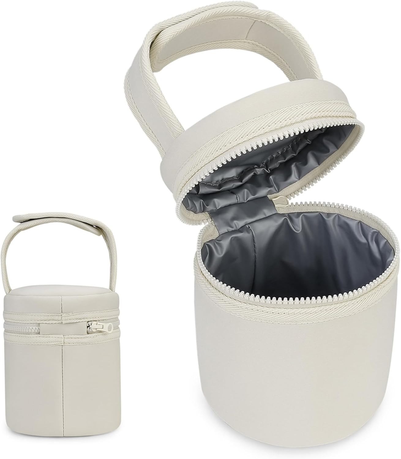 Eine weiße, zylindrische Tasche mit Reißverschluss und Henkel. Innen grau gefüttert.