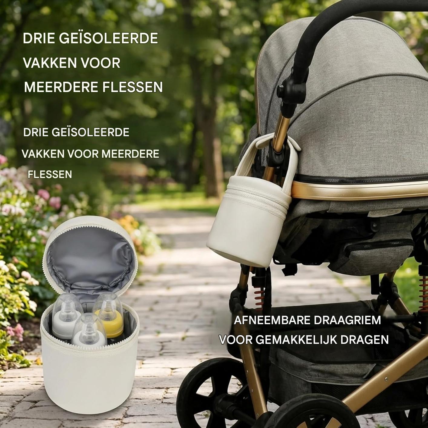 Ein isolierter Flaschenhalter für Kinderwagen mit 3 Fächern.