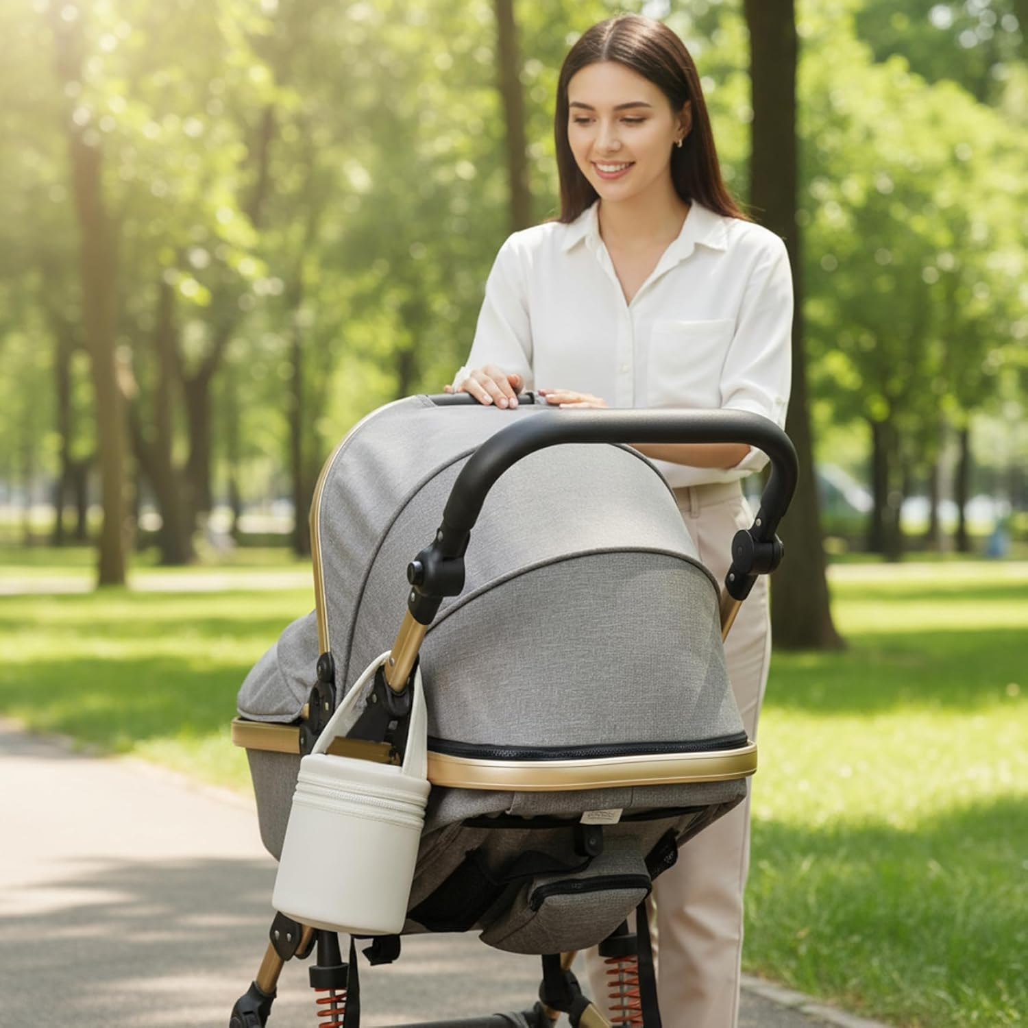 Eine Frau schiebt einen grauen Kinderwagen in einem sonnigen Park mit Bäumen.