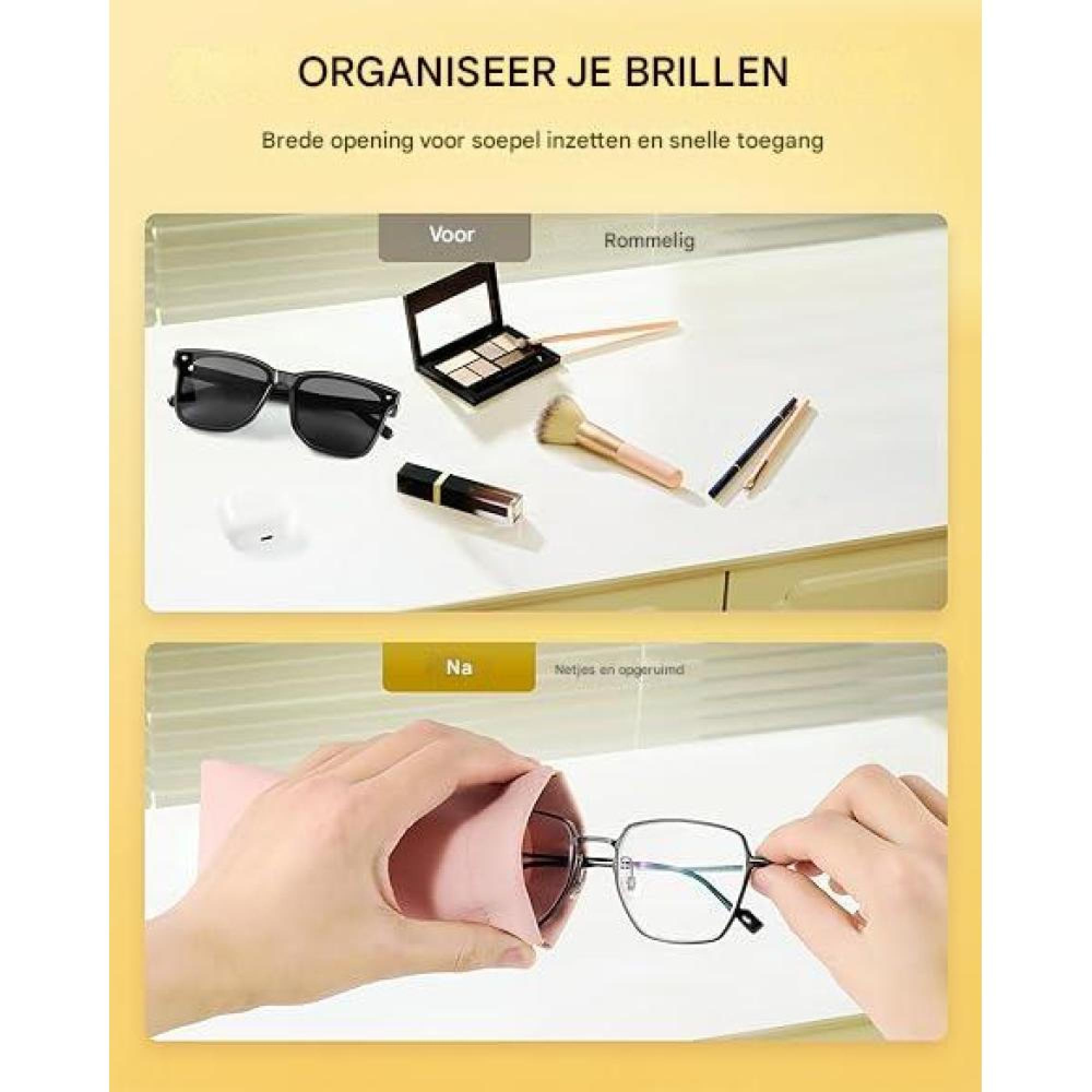 Brillen und Kosmetik auf einem Tisch; Hände verstauen Brille in einem Etui.