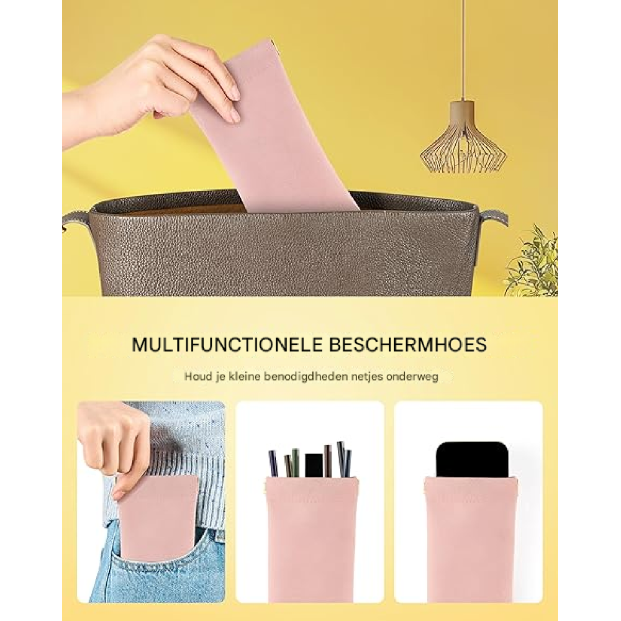 Eine Hand legt eine rosafarbene Hülle in eine Tasche. Unten: Hülle in Hosentasche, Stiftehalter, Handyhülle.