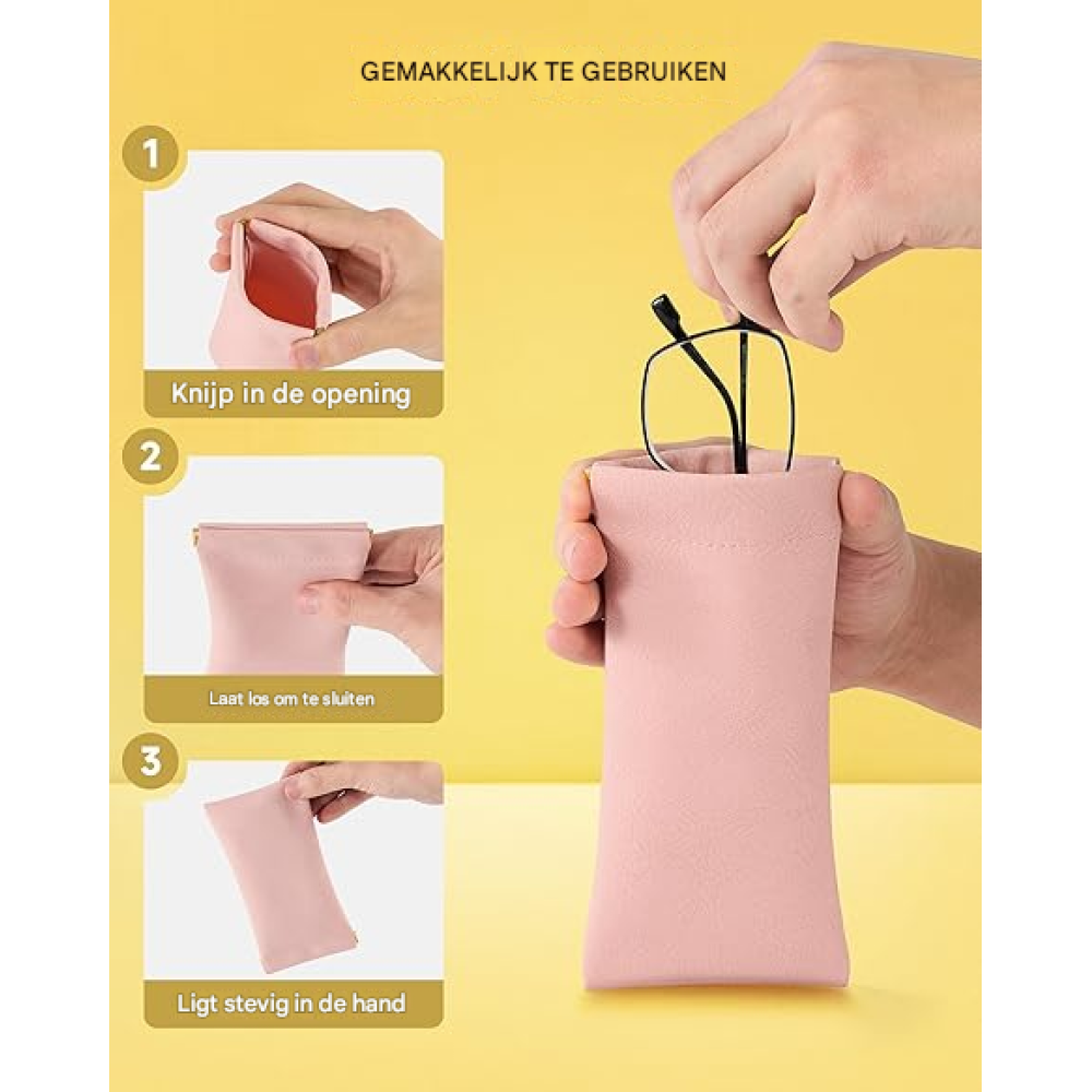 Eine Hand legt eine Brille in eine rosafarbene Schutzhülle.