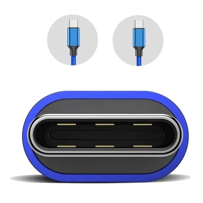 Ein blaues USB-C-Kabelende mit zwei kleinen Kreisbildern oben.