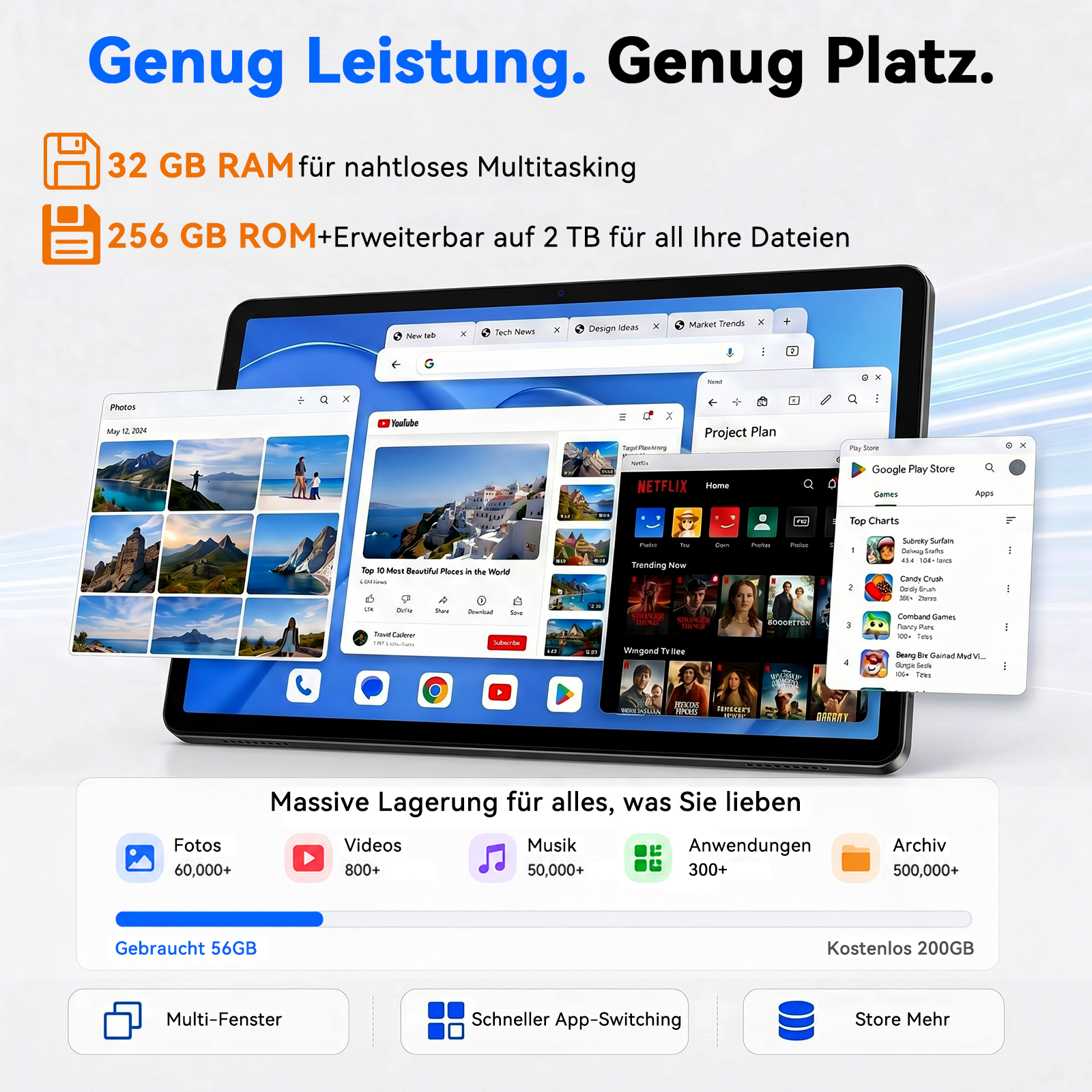 Tablet zeigt Apps: Fotos, YouTube, Netflix, Play Store. Bietet 32GB RAM und 256GB ROM.
