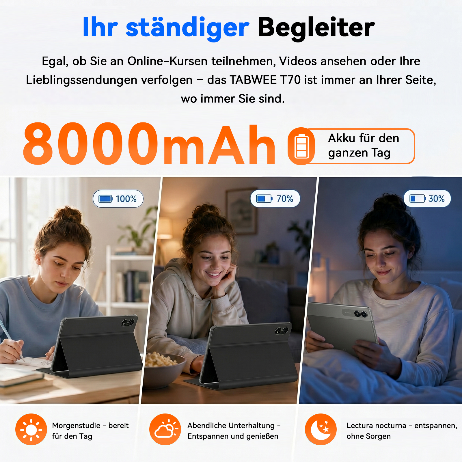 Drei Szenen zeigen ein Tablet mit 8000mAh Akku: Lernen, Unterhaltung, Lesen.