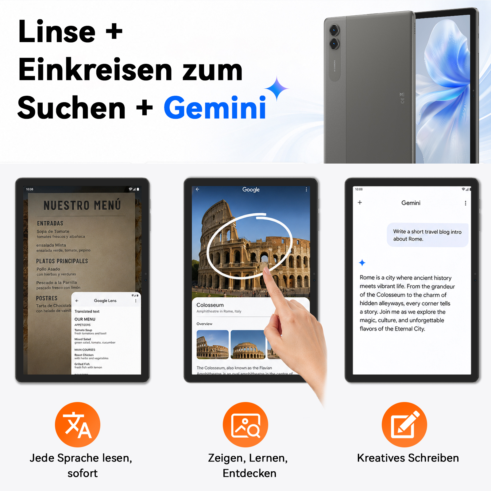 Drei Tablets zeigen Google Lens, Gemini und eine Menü-App mit Übersetzungen.