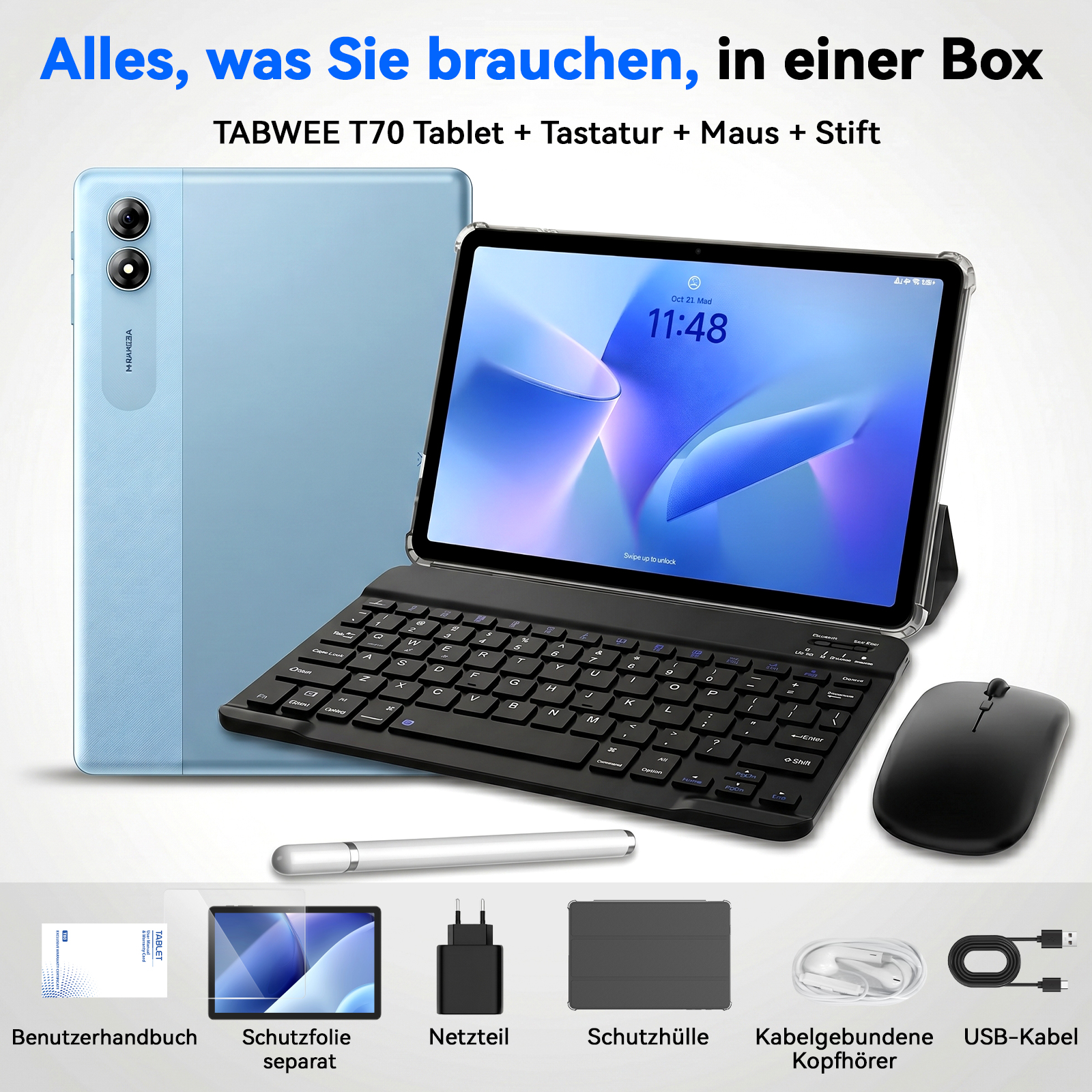 Ein hellblaues Tablet, Tastatur, Maus, Stift, Netzteil, Hülle, Kopfhörer und Kabel.