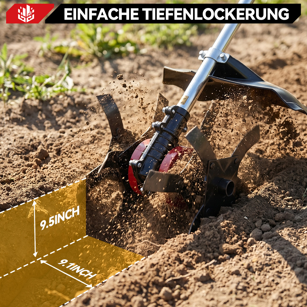 Ein Motorhacke lockert den Boden auf, mit Maßen von 9,5 und 9,1 Zoll.