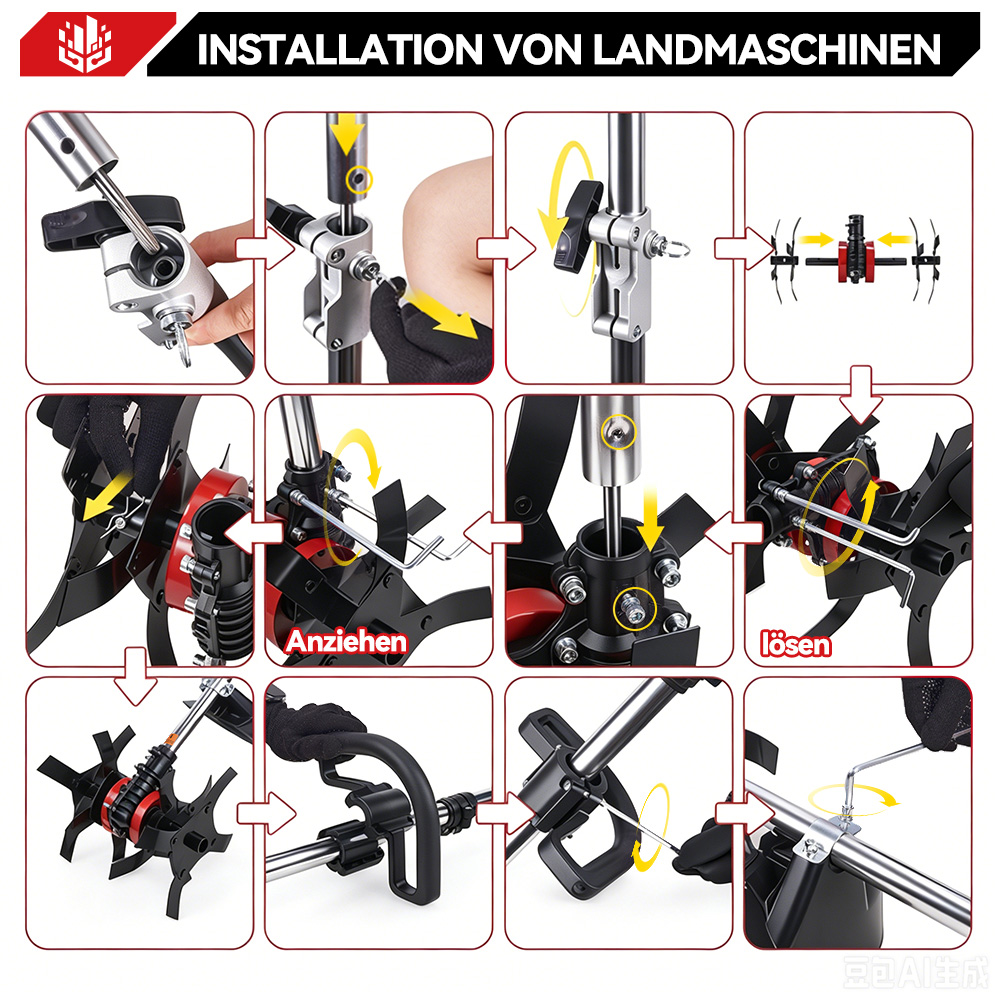 Installationsanleitung für Landmaschinen in 8 Schritten. Zeigt Montage von Teilen mit Werkzeugen.