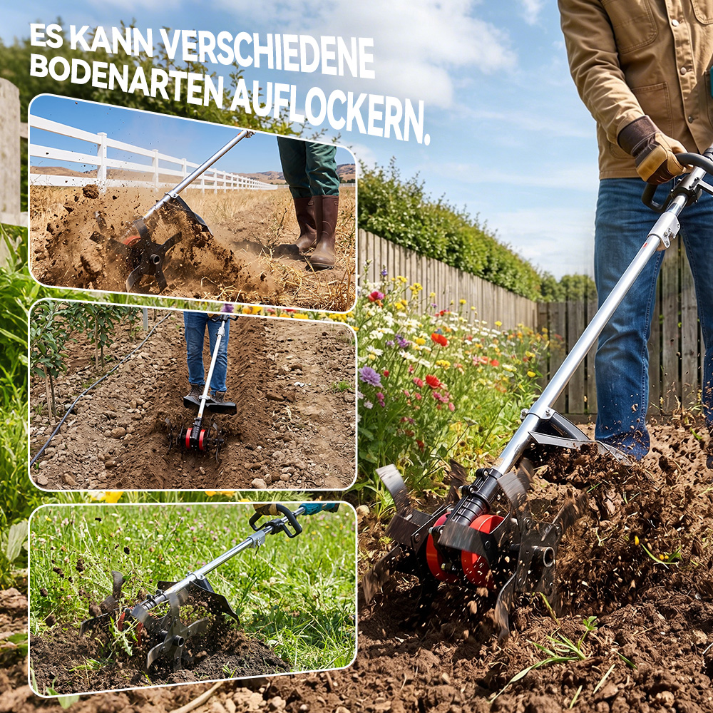 Gartenfräse lockert Erde auf, verschiedene Bodenarten werden gezeigt.