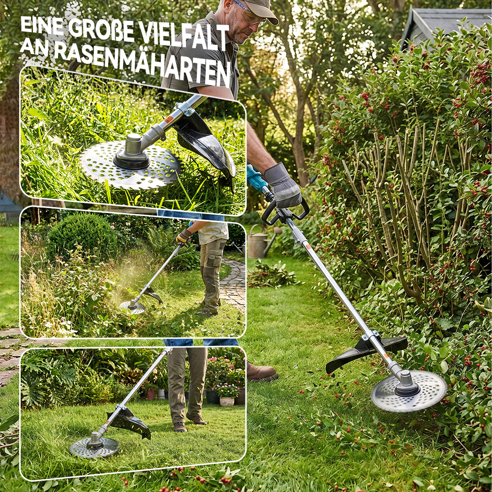 Mann trimmt Rasen mit Motorsense, Nahaufnahmen von Schneidwerkzeug und Gras.
