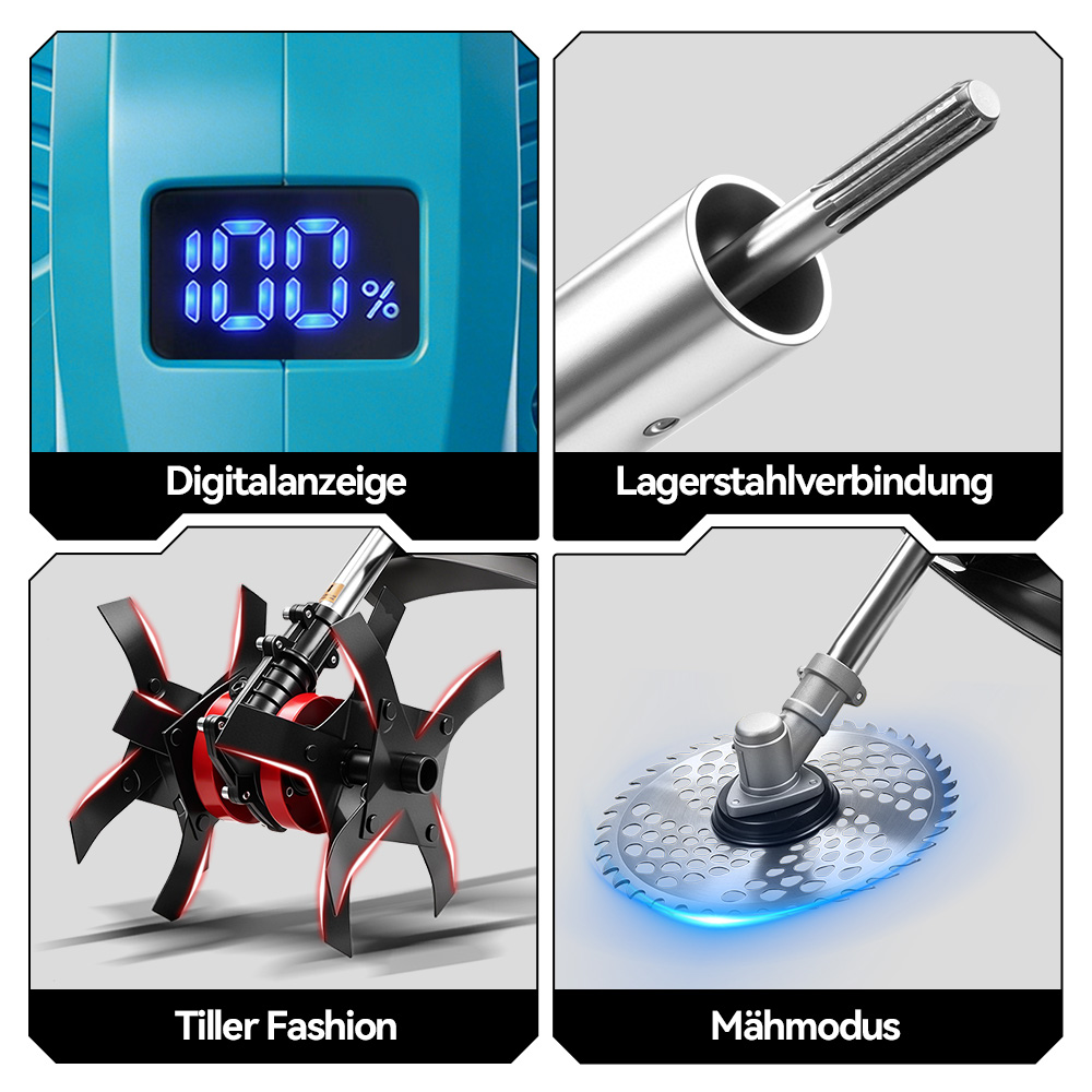 Vier Bilder: digitale Anzeige, Lagerstahlverbindung, Fräse, Mähmodus.