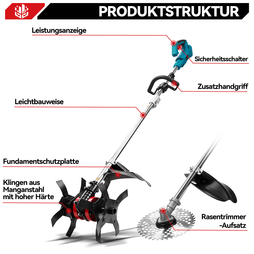 Produktstruktur eines Geräts mit Aufsätzen: Bodenfräse und Rasentrimmer.