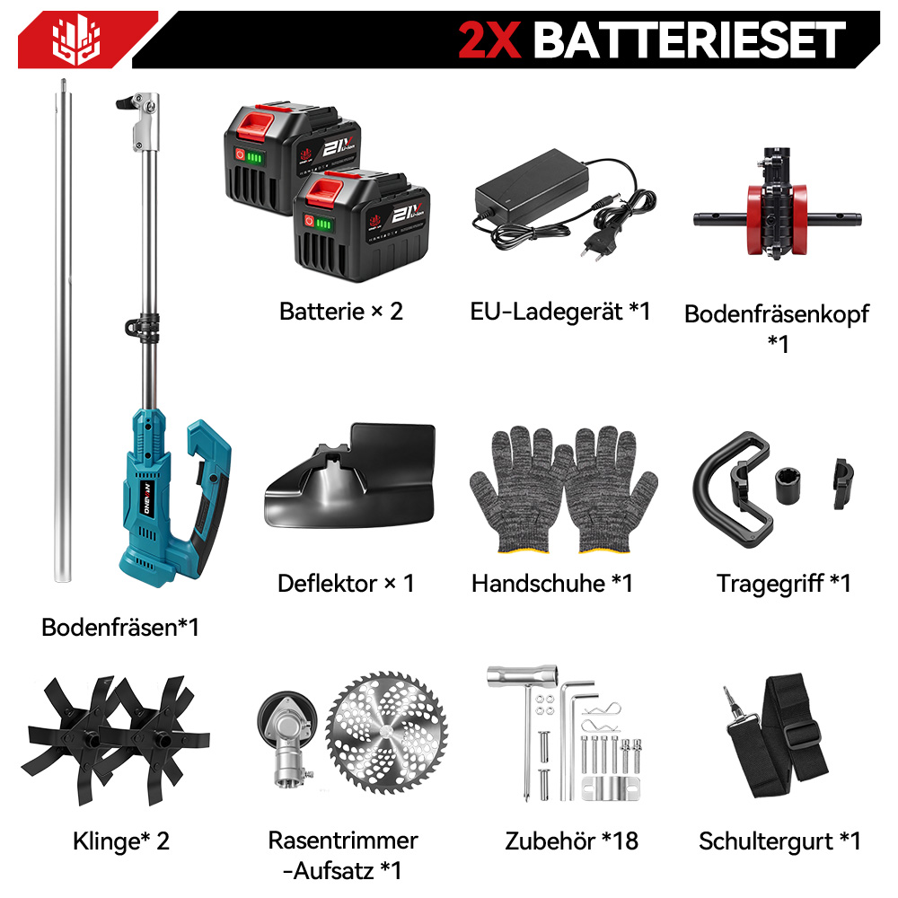 Ein Set mit Gartengeräten, inkl. Werkzeug, Batterien, Ladegerät und Handschuhen.