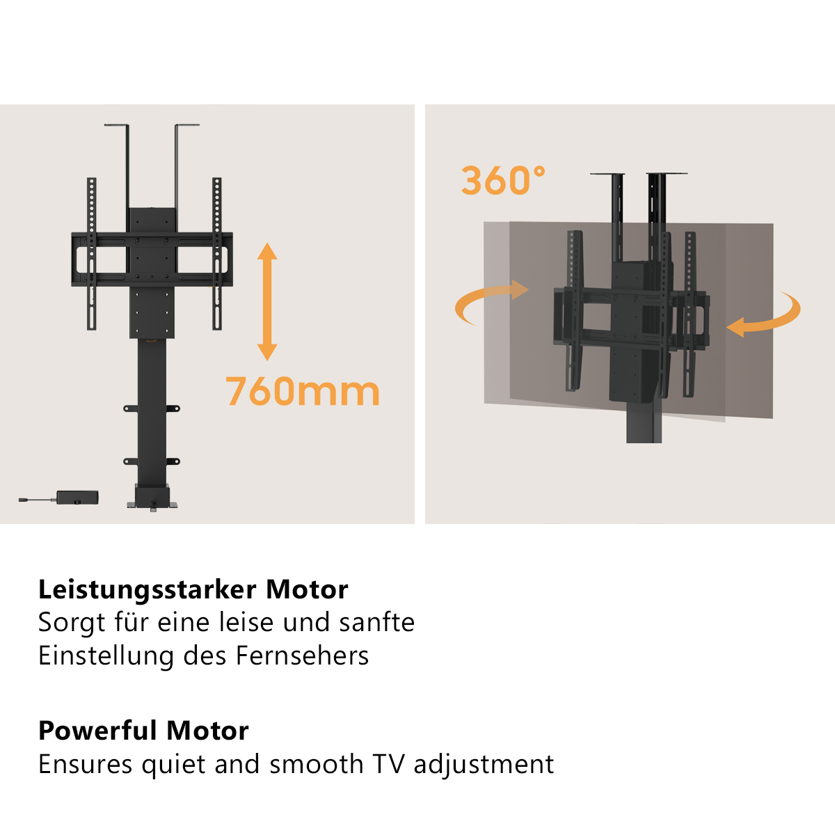 Schwarzer Motorlift für TV mit 760mm Hub und 360° Drehung.