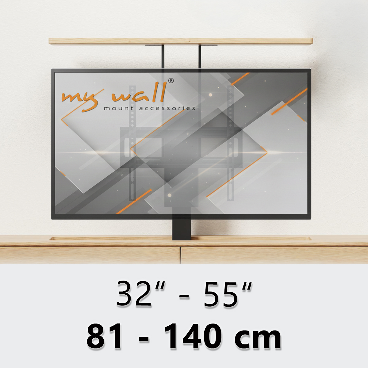 Ein moderner Fernseher auf einem Holzschrank, der für 32-55 Zoll TVs geeignet ist.