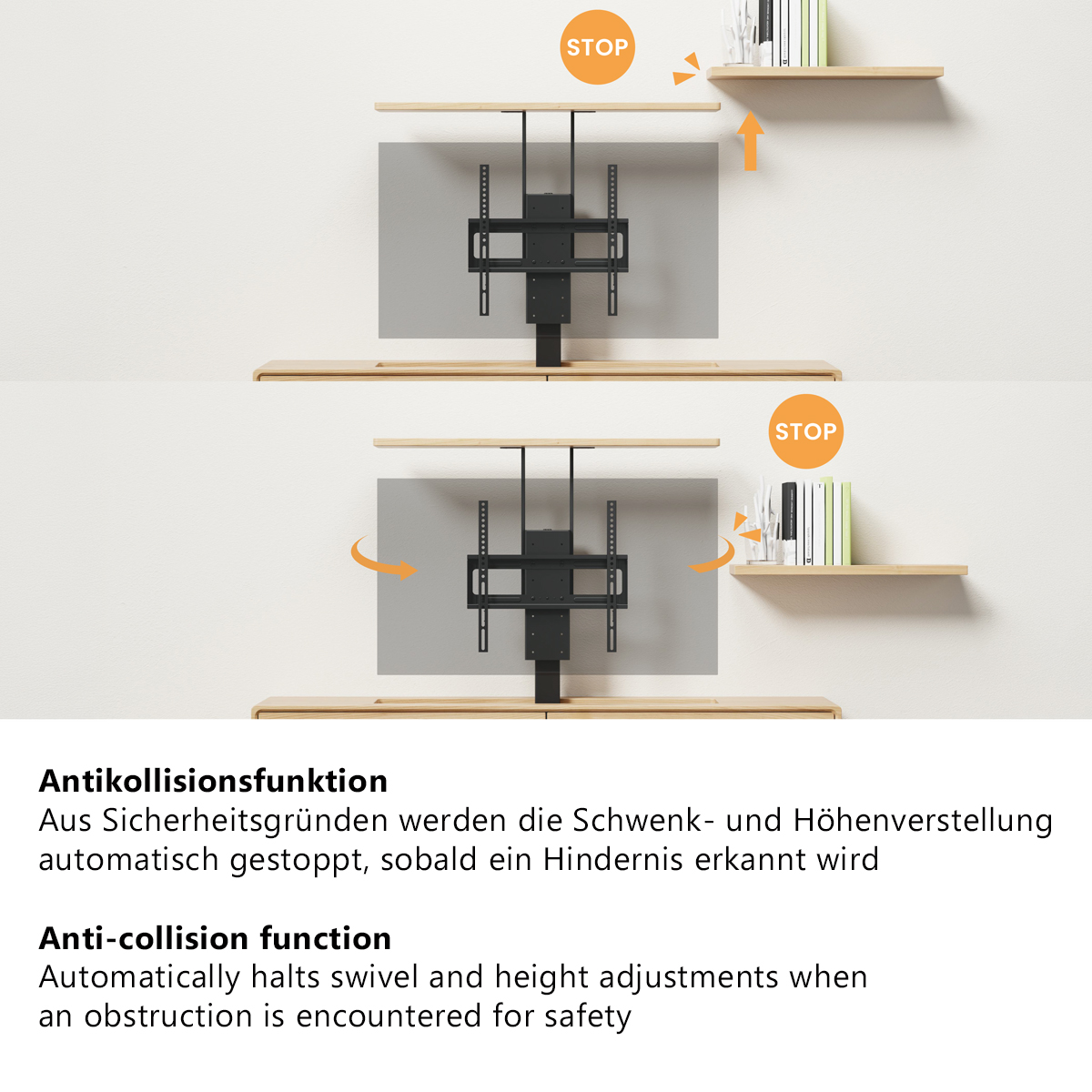 Ein TV-Halter stoppt, wenn er ein Regal mit Büchern berührt.