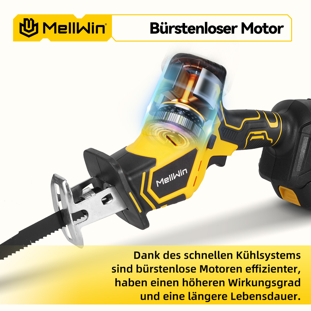 Ein gelber und schwarzer Trennschleifer mit sichtbarem Motor und einem Sägeblatt.
