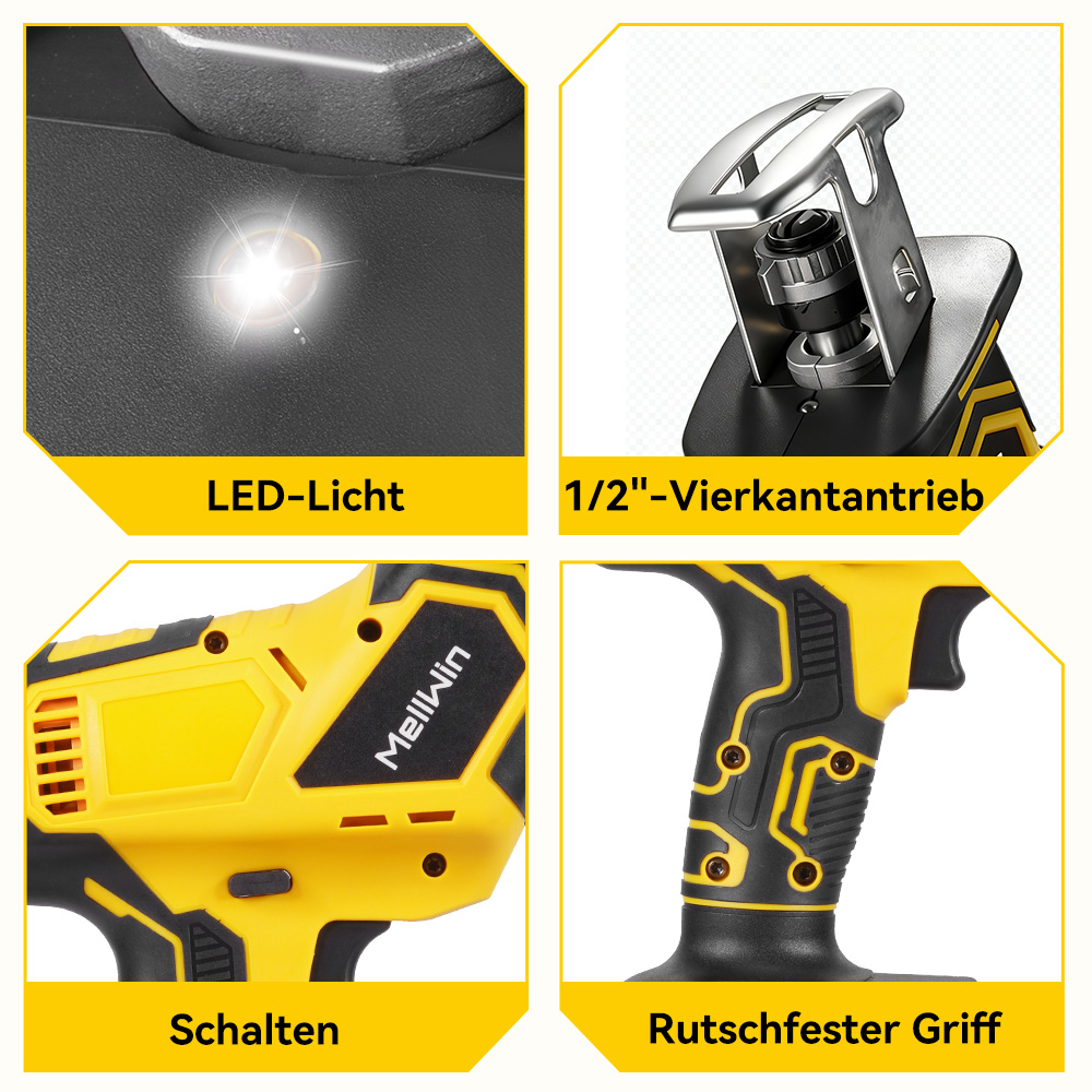 Collage der Merkmale einer gelben und schwarzen Säbelsäge: LED-Licht, Antrieb, Schalter und Griff.