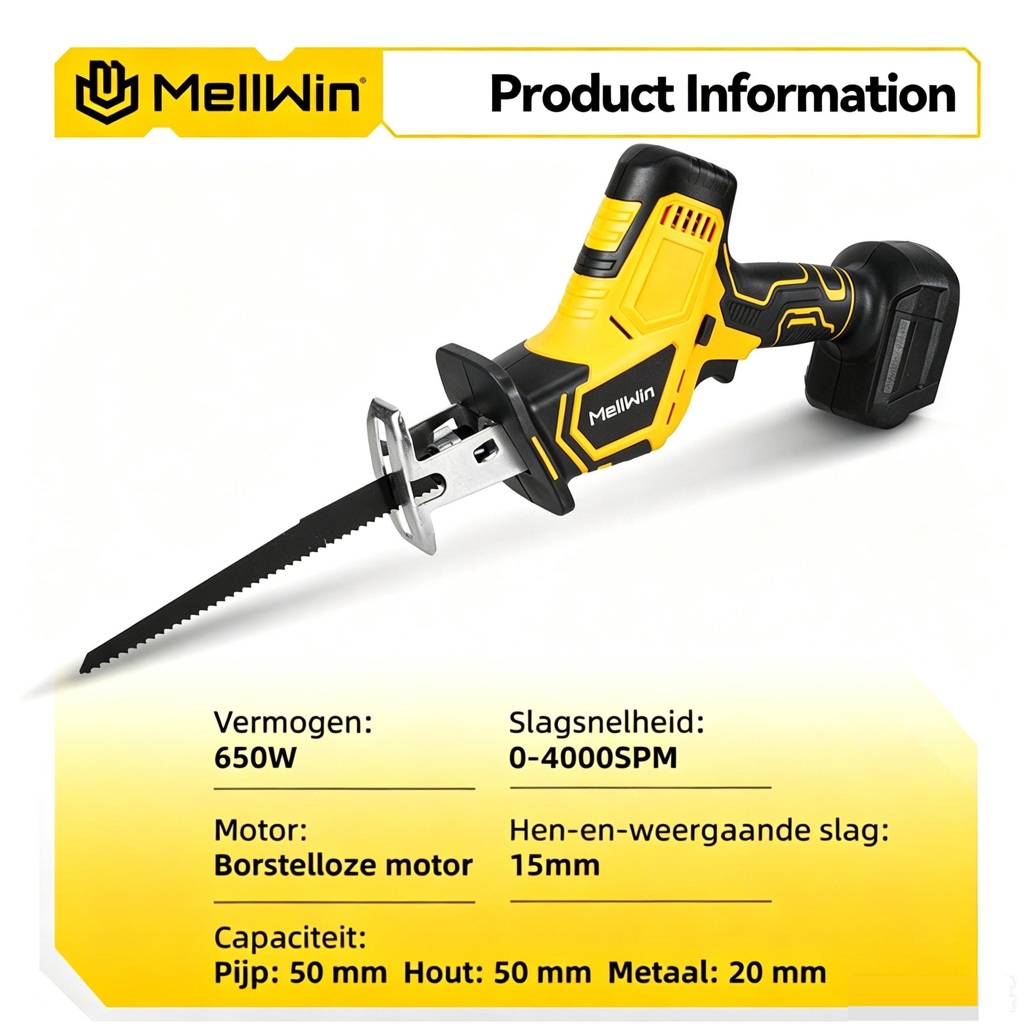 Gelbe und schwarze Säge mit Daten: 650W, 4000SPM, 15mm Hub.