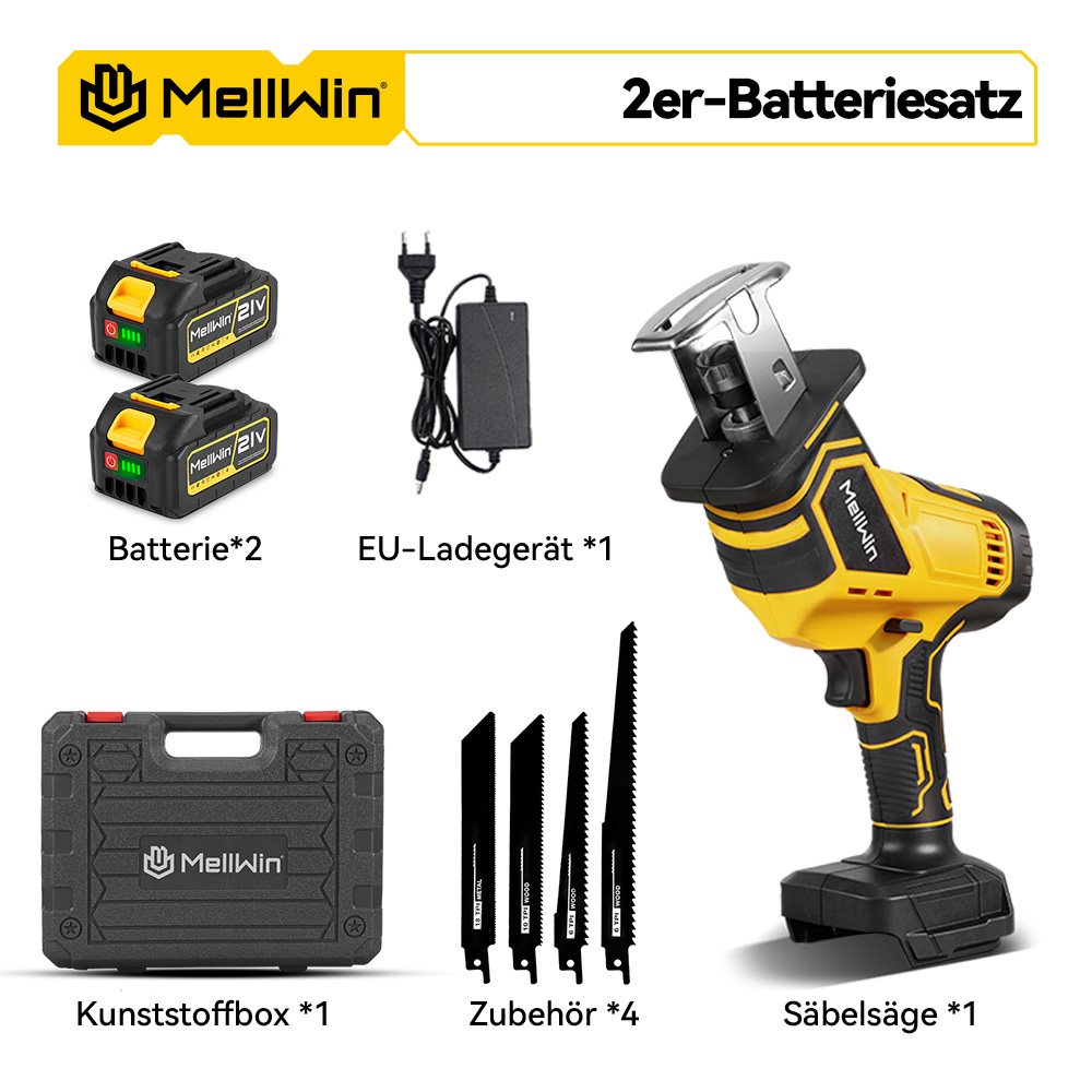 Säbelsäge-Set mit zwei Akkus, Ladegerät, Sägeblättern und Koffer.