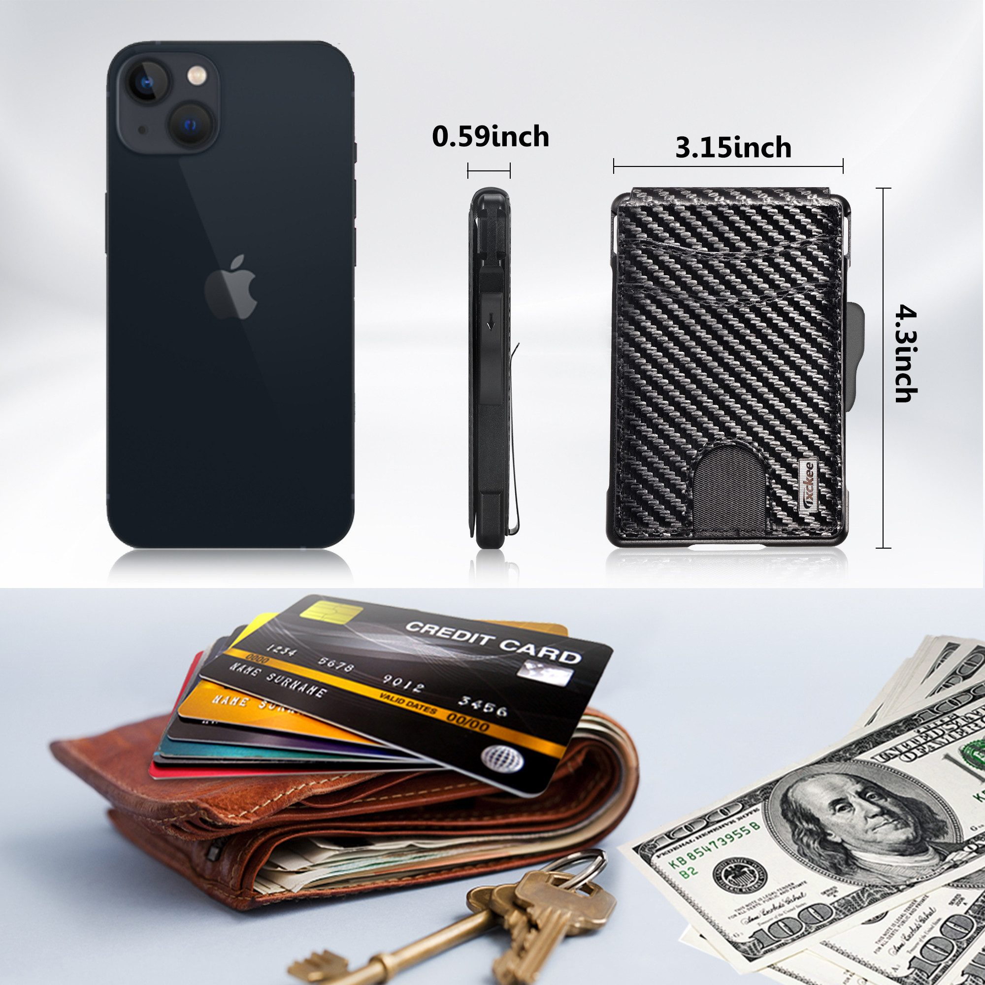 Schwarzes iPhone, schwarzes Carbon-Portemonnaie, braunes Lederportemonnaie mit Karten, Schlüsseln und Geld.