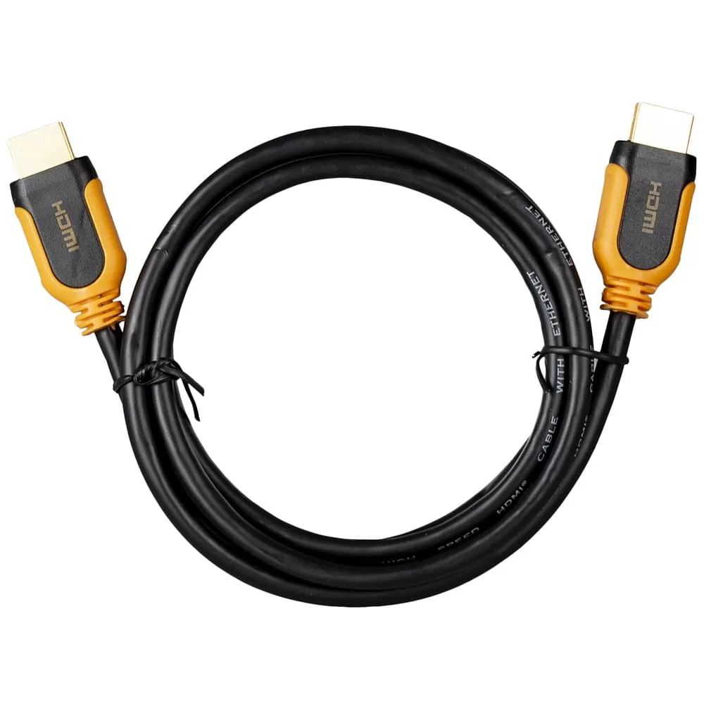 Czarny kabel HDMI ze złotymi złączami, zwinięty, z etykietami.